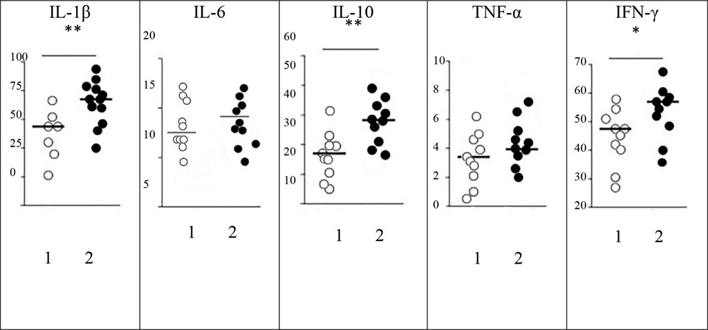 Figure 2. The level of cytokines (pg/ml) in the exudate of wound discharge in patients with neuroischemic DM2 (1) and DM2+DFU (2).