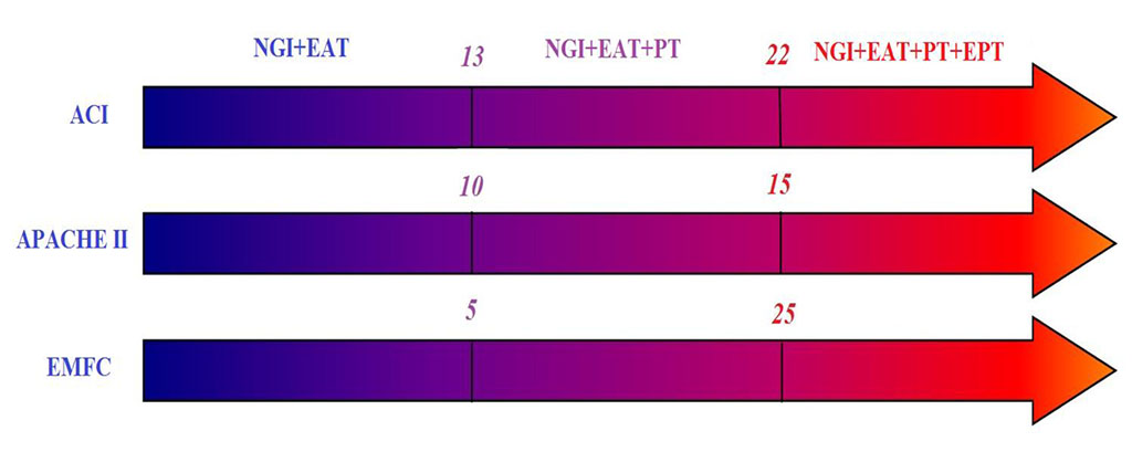 Figure 3. Scheme of differentiated use of treatment methods depending on the severity of multiple organ failure