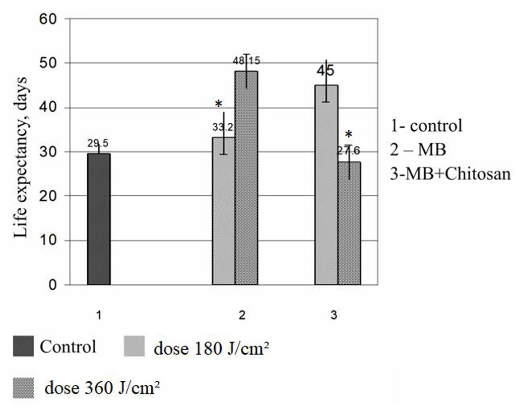 Figure.1. Life expectancy of mice with B16 melanoma after photodynamic therapy with MB and with MB + chitosan. *p< 0,05 180 vs 360