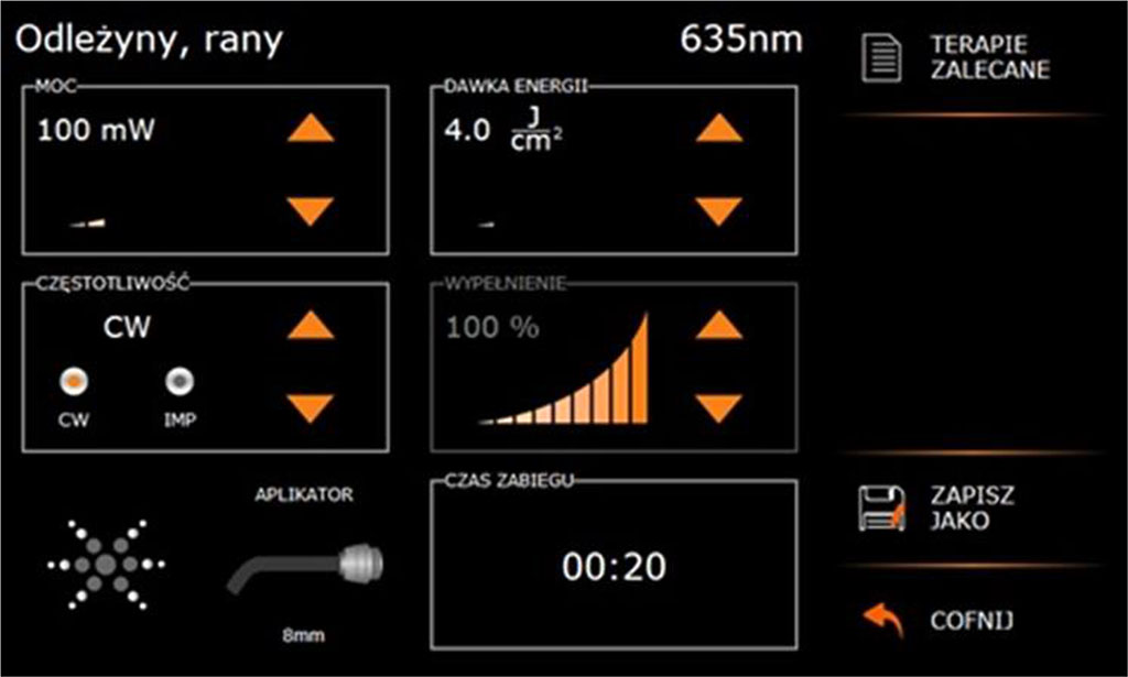 Fig.10 Laser settings used for the PBM procedure (with a glass applicator surface area of 0.5024 cm², the fluence is 4 J/cm²)