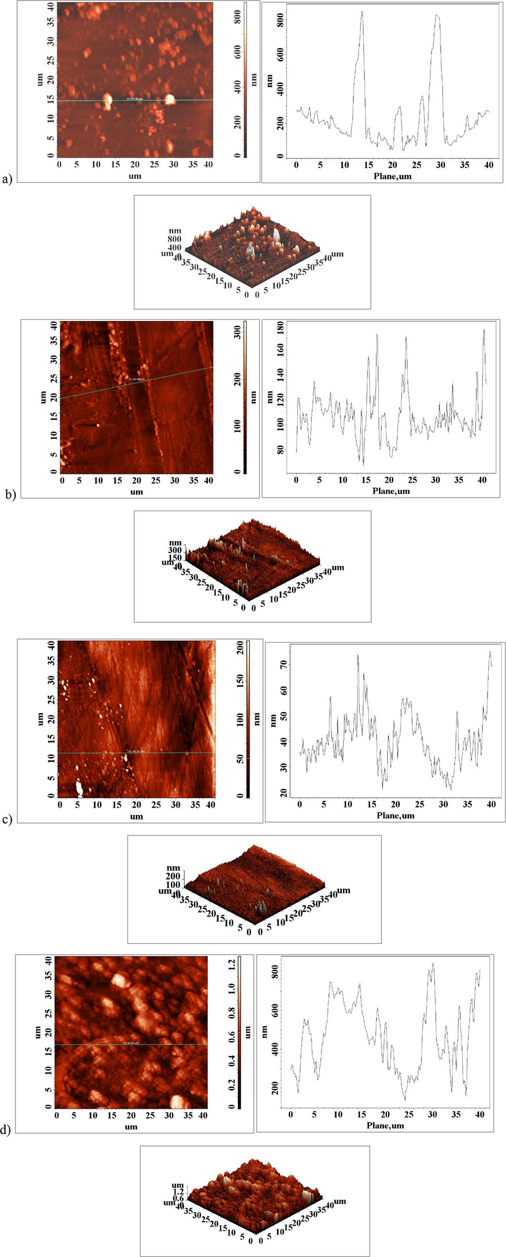 Figure 4. Atomic force microscopy (AFM) surface images of the element surface a) Major Connector- Saddles, b) major connector-anterior area, c) major connector-posterior area, d) fractured major connector